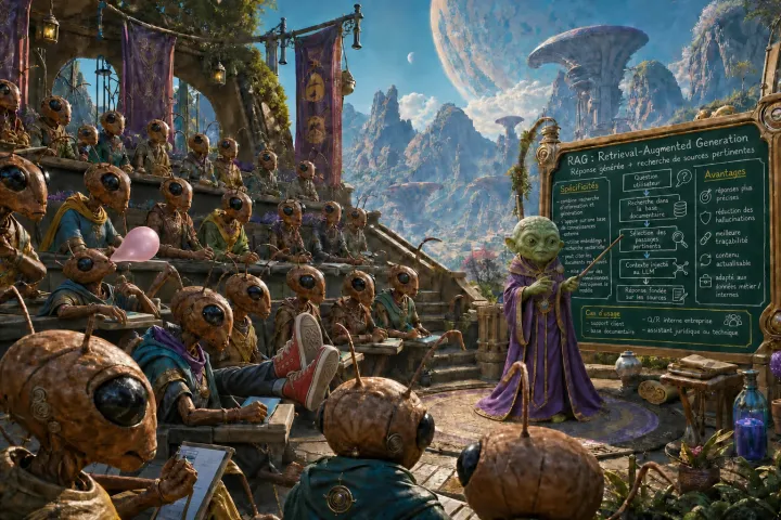 Illustration de science-fiction montrant Yoda enseignant le RAG à des extraterrestres devant un tableau explicatif.