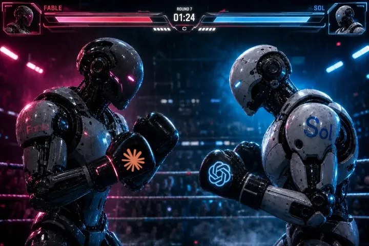 Deux robots boxeurs sur un ring symbolisant le match entre Claude Fable 5 et GPT-5.6 sol.