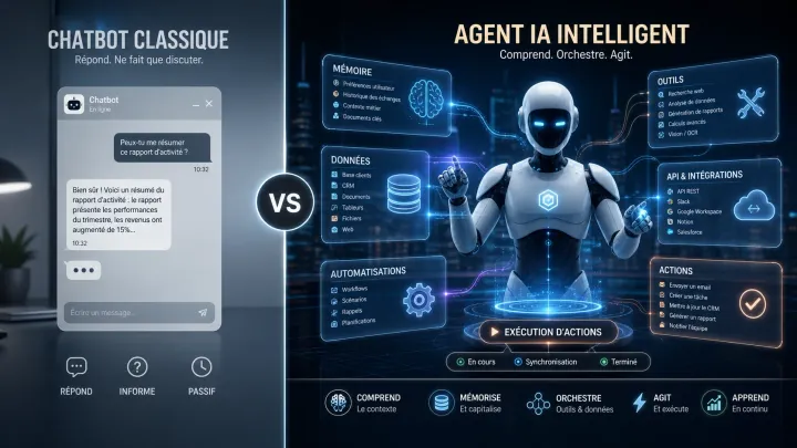 Infographie split-screen. À gauche : un chatbot statique répondant simplement dans une fenêtre de conversation, posture