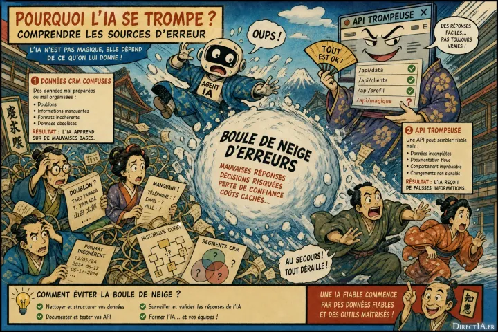 Infographie sur l’effet boule de neige des erreurs d’IA causées par des données CRM et des API peu fiables.