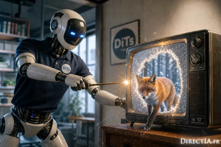 Un robot fait jaillir un renard hors de l’écran d’un vieux téléviseur avec une baguette étincelante.
