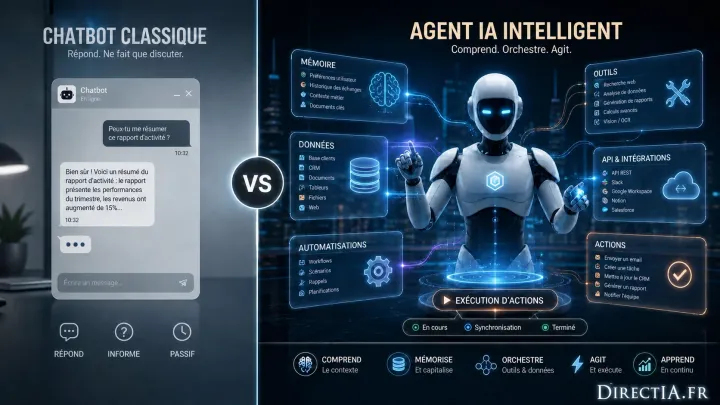 Comparaison entre un chatbot classique passif et un agent IA qui mémorise, orchestre des outils et exécute des actions.