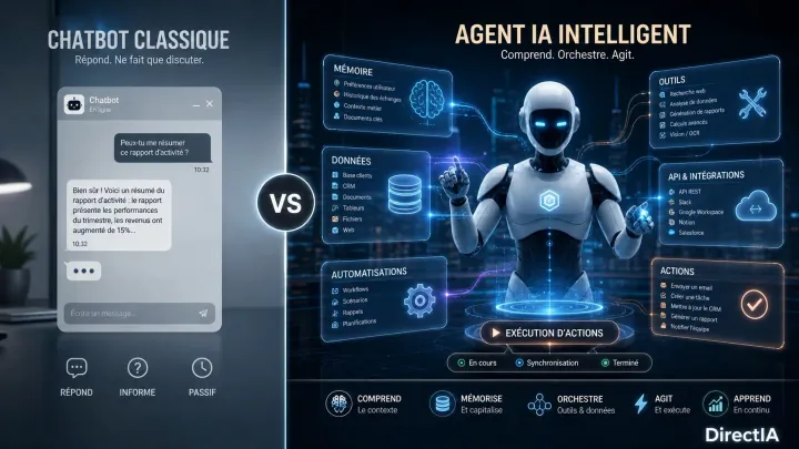 Infographie split-screen. À gauche : un chatbot statique répondant simplement dans une fenêtre de conversation, posture