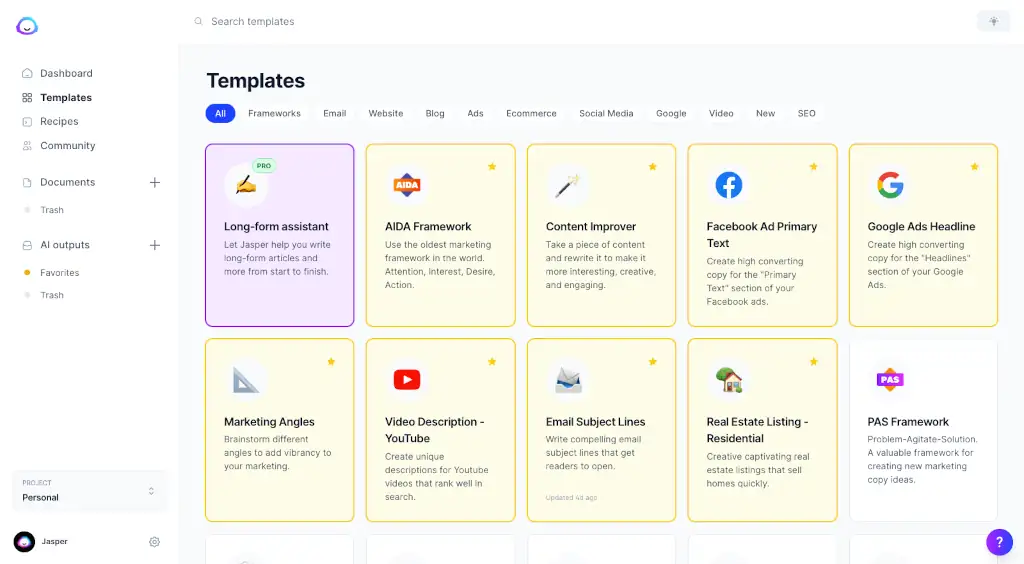jasper - Illustration de la publication "Jasper AI" Dashboard des templates de contenu sur Jasper AI.