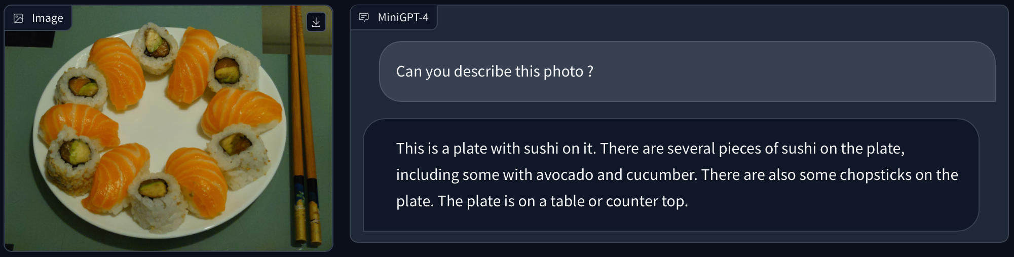Description d'une photo contenant une assiette de sushis avec MiniGPT Description d'une photo contenant une assiette de sushis avec MiniGPT