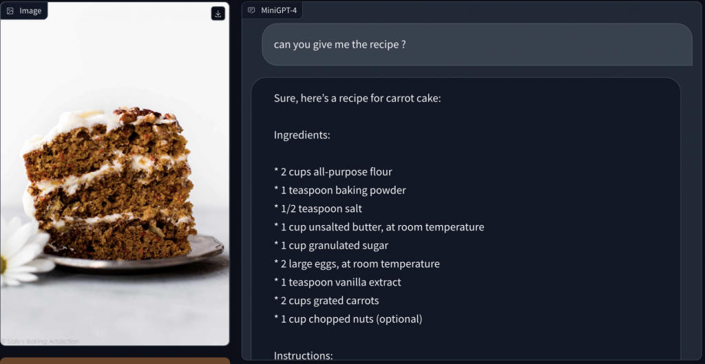 Le chatbot MiniGPT-4 analyse la photo d'un carrot-cake et propose une recette. Le chatbot MiniGPT-4 analyse la photo d'un carrot-cake et propose une recette.