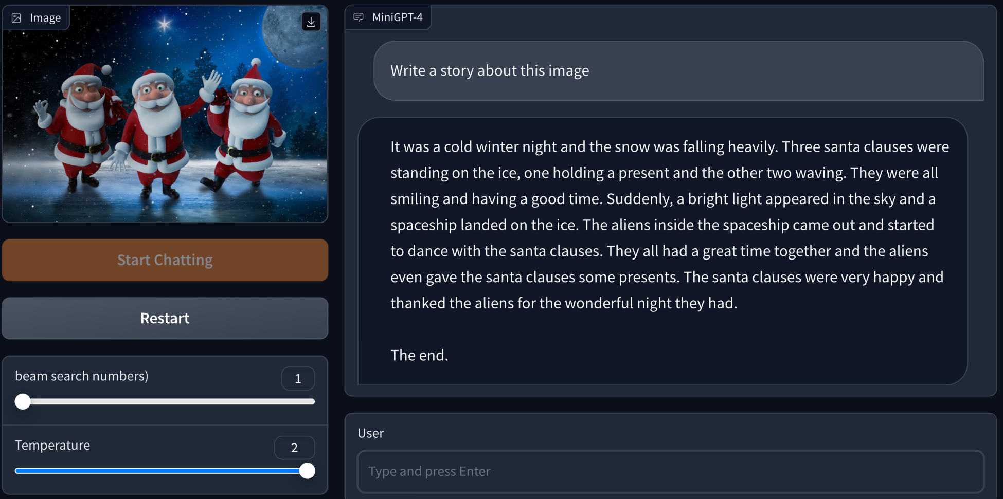 MiniGPT-4 : Test de génération d'une histoire à partir d'une image représentant trois pères noël saluant sur la glace. MiniGPT-4 : Test de génération d'une histoire à partir d'une image représentant trois pères noël saluant sur la glace.