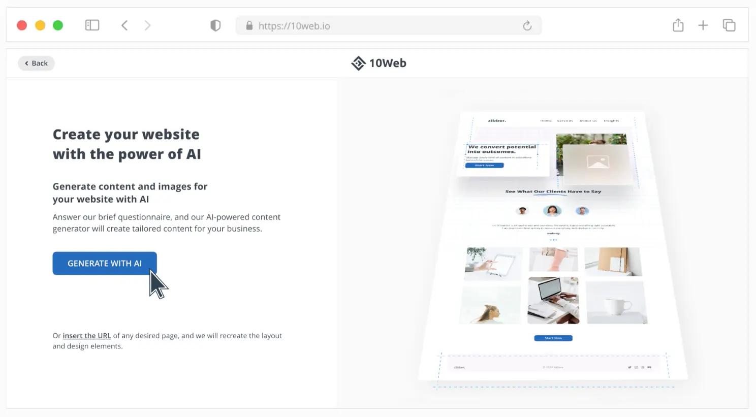 10web - Illustration de la publication "10Web" Interface de génération de site web sur 10web.io