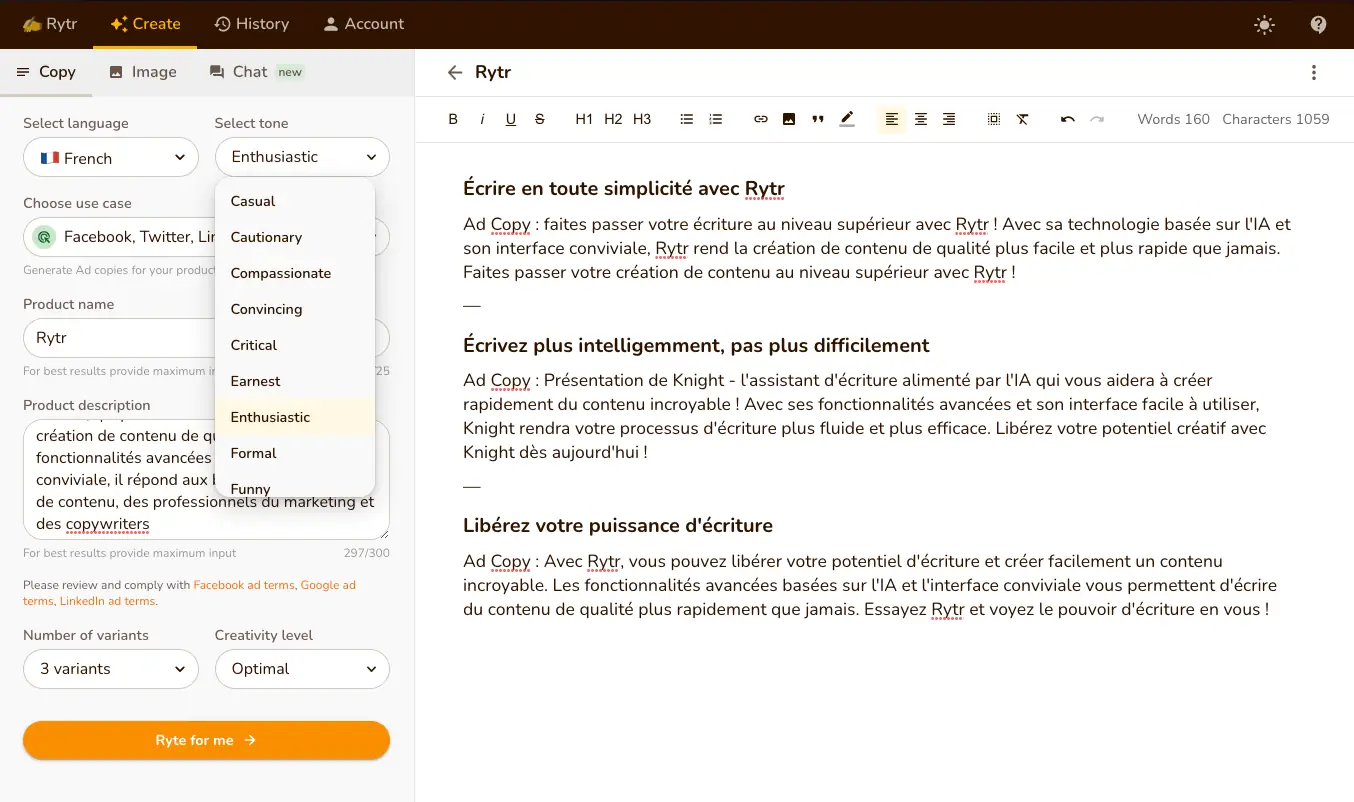 Rytr - Illustration de la publication "Rytr" Interface utilisateurs de Rytr.