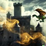 DALL·E 2 - A medieval Castle attacked by a dragon, misty athmosphere, fire and smoke